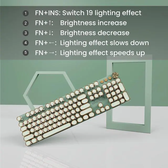 Alt view image 6 of 6 - V20 Typewriter Keyboard Wireless, 104 Keys Typewriter Style Mechanical with White Backlit, Media Knob, Pink Switch 2.4G/Bluetooth/USB-C Wired Retro Full Size Keyboard for Windows/Mac/PC-Green