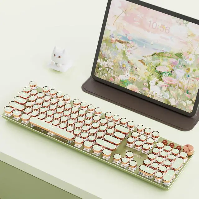 Main image of V20 Typewriter Keyboard Wireless, 104 Keys Typewriter Style Mechanical with White Backlit, Media Knob, Pink Switch 2.4G/Bluetooth/USB-C Wired Retro Full Size Keyboard for Windows/Mac/PC-Green