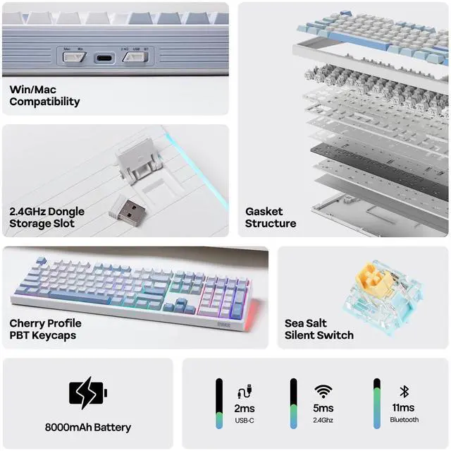 Alt view image 2 of 7 - TH108 Full Size Mechanical Keyboard, Wireless Gaming Keyboard with 8000mAh Battery, Creamy Gasket, 108 Keys, Hot Swap, Custom Driver, RGB Backlight (Blue&White, Sea Salt Silent)