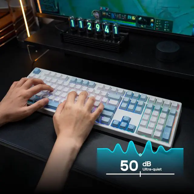 Alt view image 3 of 7 - TH108 Full Size Mechanical Keyboard, Wireless Gaming Keyboard with 8000mAh Battery, Creamy Gasket, 108 Keys, Hot Swap, Custom Driver, RGB Backlight (Blue&White, Sea Salt Silent)