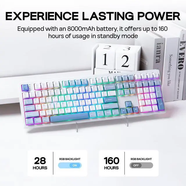 Alt view image 4 of 7 - TH108 Full Size Mechanical Keyboard, Wireless Gaming Keyboard with 8000mAh Battery, Creamy Gasket, 108 Keys, Hot Swap, Custom Driver, RGB Backlight (Blue&White, Sea Salt Silent)