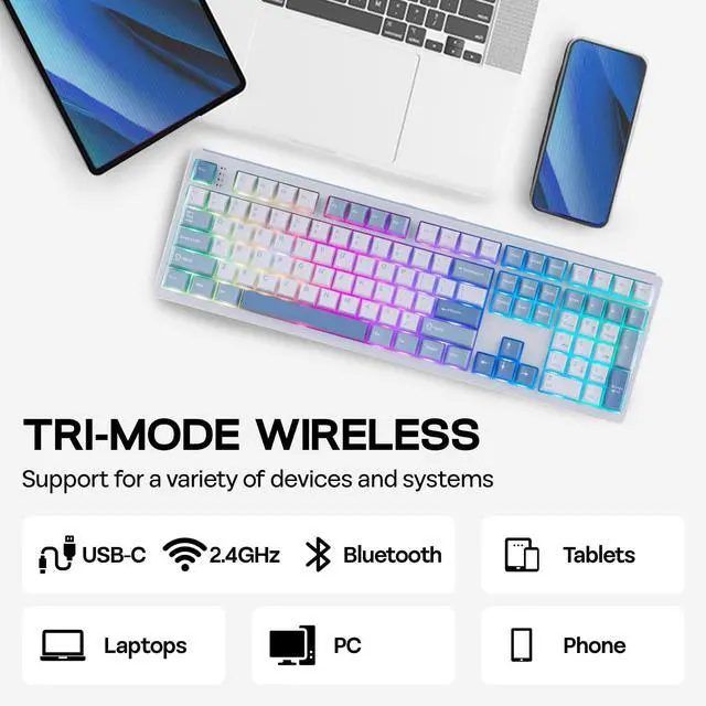 Alt view image 5 of 7 - TH108 Full Size Mechanical Keyboard, Wireless Gaming Keyboard with 8000mAh Battery, Creamy Gasket, 108 Keys, Hot Swap, Custom Driver, RGB Backlight (Blue&White, Sea Salt Silent)