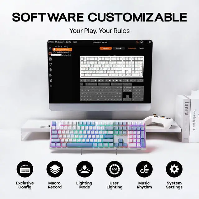 Alt view image 7 of 7 - TH108 Full Size Mechanical Keyboard, Wireless Gaming Keyboard with 8000mAh Battery, Creamy Gasket, 108 Keys, Hot Swap, Custom Driver, RGB Backlight (Blue&White, Sea Salt Silent)
