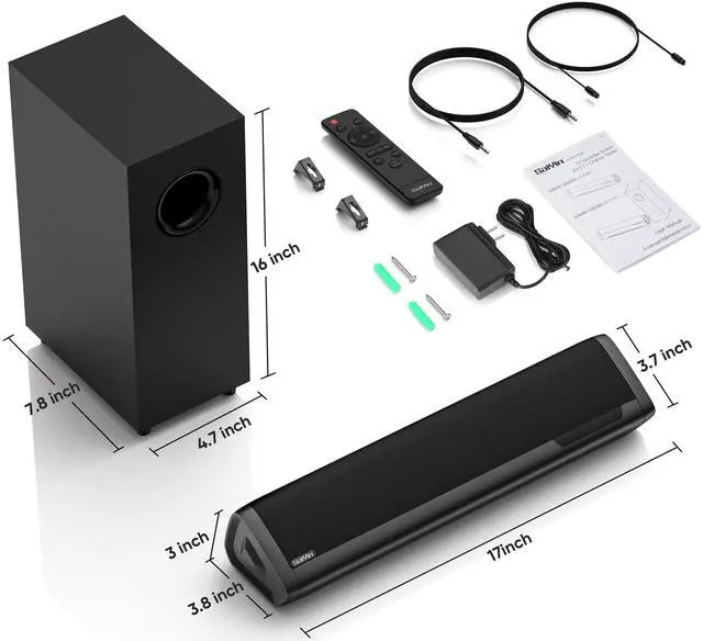 Alt view image 7 of 7 - Sound Bars for TV with Subwoofer, 2.1 Deep Bass Small Soundbar Monitor Speaker Home Theater Surround System PC Gaming Bluetooth/AUX/Optical Connection, Wall Mountable 17-inch