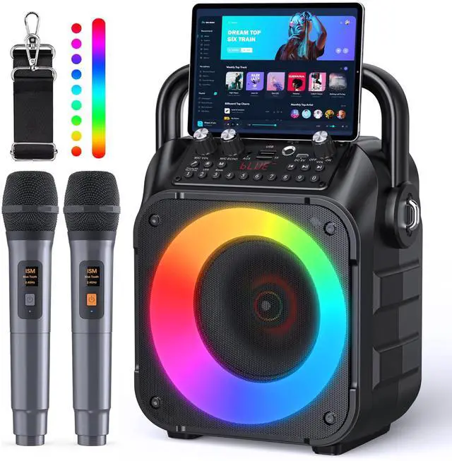 Main image of Karaoke Machine, Portable Bluetooth Speaker with 2 Wireless Microphones for Adults & Kids with Lights, Karaoke Microphone with PA System Supports USB/TF/REC/FM/AUX for Home Party Home System Packages