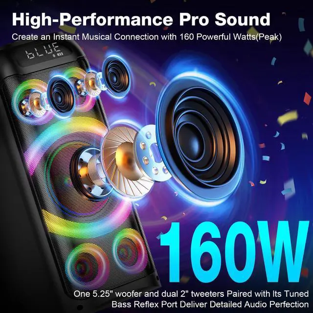 Alt view image 2 of 7 - Bluetooth Speaker, 160W Peak Powerful Loud Stereo Sound Deep Bass Wireless Boombox Portable Large Party Speakers with Subwoofer TWS Pairing Dynamic LED Light for Outdoor Camping Backyard Events