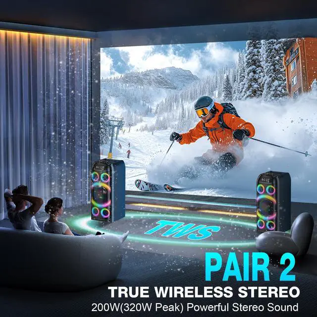 Alt view image 5 of 7 - Bluetooth Speaker, 160W Peak Powerful Loud Stereo Sound Deep Bass Wireless Boombox Portable Large Party Speakers with Subwoofer TWS Pairing Dynamic LED Light for Outdoor Camping Backyard Events