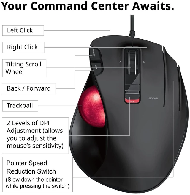 Alt view image 5 of 7 - EX-G Ergonomic Thumb ControlTrackball Mouse Wired M-XT2URBK-G | Ergonomic Thumb Control, Smooth Tracking Roller Ball, 5 Programmable Buttons, Tilt Scroll