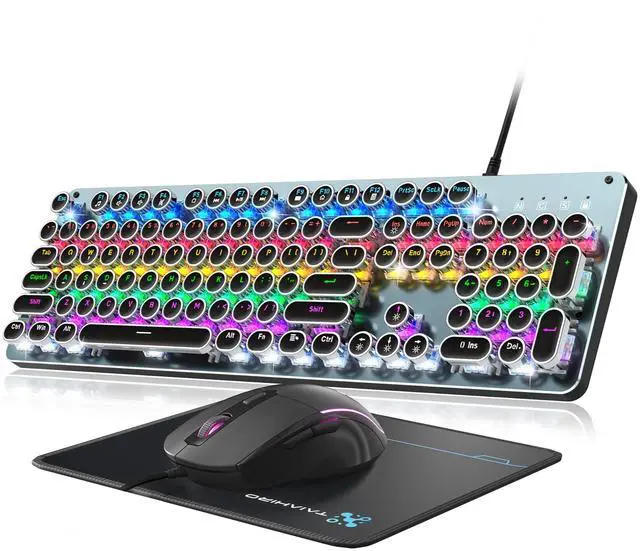 Main image of Typewriter Style Mechanical Gaming Keyboard Blue Switch, Rainbow LED Backlit Wired Computer Keyboards Mouse and Pad Combo, Metal Panel Retro Punk Round Keycaps, 104 Keys Anti-Ghost for PC Laptop Gamer