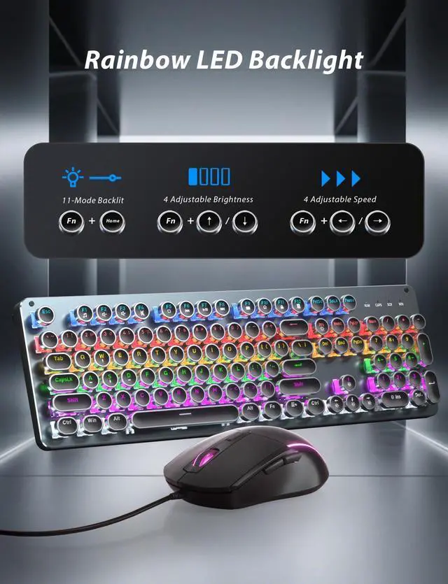 Alt view image 5 of 7 - Typewriter Style Mechanical Gaming Keyboard Blue Switch, Rainbow LED Backlit Wired Computer Keyboards Mouse and Pad Combo, Metal Panel Retro Punk Round Keycaps, 104 Keys Anti-Ghost for PC Laptop Gamer