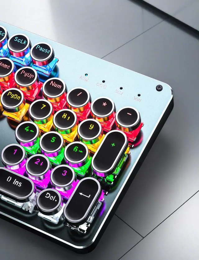 Alt view image 6 of 7 - Typewriter Style Mechanical Gaming Keyboard Blue Switch, Rainbow LED Backlit Wired Computer Keyboards Mouse and Pad Combo, Metal Panel Retro Punk Round Keycaps, 104 Keys Anti-Ghost for PC Laptop Gamer