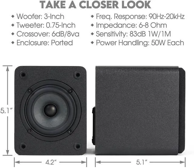 Alt view image 5 of 5 - COVO-S Compact 2-Way Passive Bookshelf Speakers, Stereo Pair, Black | Not for Turntable, Amplifier Required, 3-Inch Wool-Fiber Woofer, 0.75-Inch PEI Tweeter, Home Theater Surround, Wall Mountable