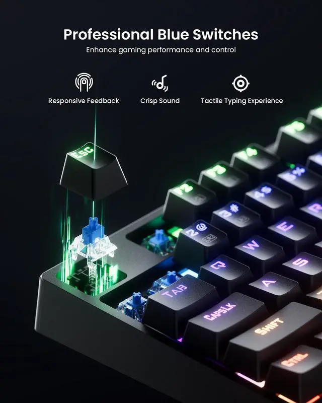 Alt view image 3 of 7 - RGB Mechanical Gaming Keyboard Blue Switch, 104 Keys Full-Size Light Up Key-board with 11 Backlit Modes, Anti-Ghosting, Double-Shot ABS Keycaps, USB Wired Computer Key board for Windows PC Gamer