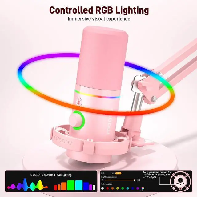 Alt view image 4 of 7 - XLR/USB Dynamic Microphone Kit, RGB Gaming Mic with Software, Mute, Gain Knob, Volume Control, Boom Arm for Streaming, Podcasting, Voice-Over, Recording-PD200XS Pink