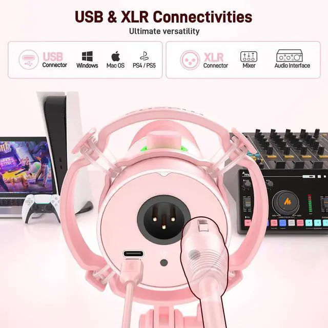 Alt view image 2 of 7 - XLR/USB Dynamic Microphone Kit, RGB Gaming Mic with Software, Mute, Gain Knob, Volume Control, Boom Arm for Streaming, Podcasting, Voice-Over, Recording-PD200XS Pink