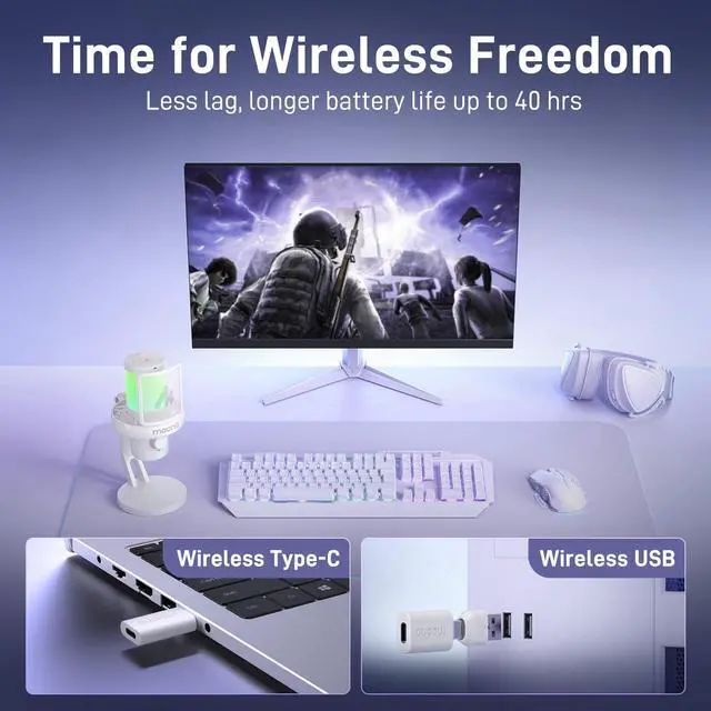 Alt view image 2 of 7 - Wireless/USB Gaming PC Microphone with 6 AI Voice Changer, DM40 White | Condenser Computer Mic with 48kHz/24bit, Noise Reduction, Mute, EQ, RGB, 40H, Gain, Headphone Jack for Podcast Record Stream