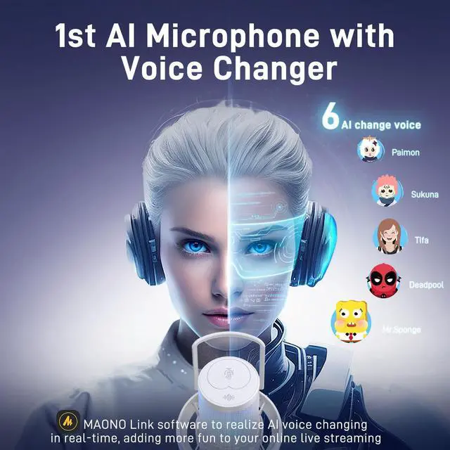 Alt view image 3 of 7 - Wireless/USB Gaming PC Microphone with 6 AI Voice Changer, DM40 White | Condenser Computer Mic with 48kHz/24bit, Noise Reduction, Mute, EQ, RGB, 40H, Gain, Headphone Jack for Podcast Record Stream