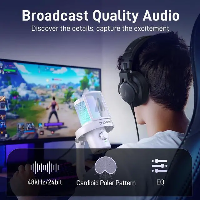 Alt view image 4 of 7 - Wireless/USB Gaming PC Microphone with 6 AI Voice Changer, DM40 White | Condenser Computer Mic with 48kHz/24bit, Noise Reduction, Mute, EQ, RGB, 40H, Gain, Headphone Jack for Podcast Record Stream