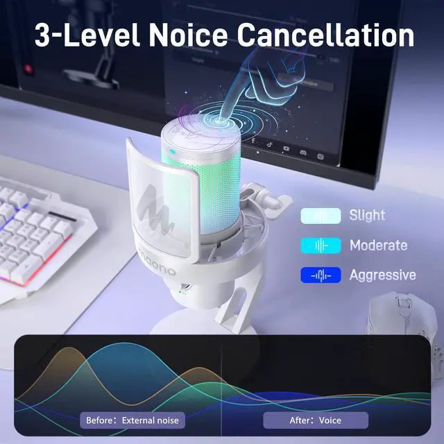 Alt view image 5 of 7 - Wireless/USB Gaming PC Microphone with 6 AI Voice Changer, DM40 White | Condenser Computer Mic with 48kHz/24bit, Noise Reduction, Mute, EQ, RGB, 40H, Gain, Headphone Jack for Podcast Record Stream