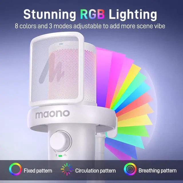 Alt view image 7 of 7 - Wireless/USB Gaming PC Microphone with 6 AI Voice Changer, DM40 White | Condenser Computer Mic with 48kHz/24bit, Noise Reduction, Mute, EQ, RGB, 40H, Gain, Headphone Jack for Podcast Record Stream