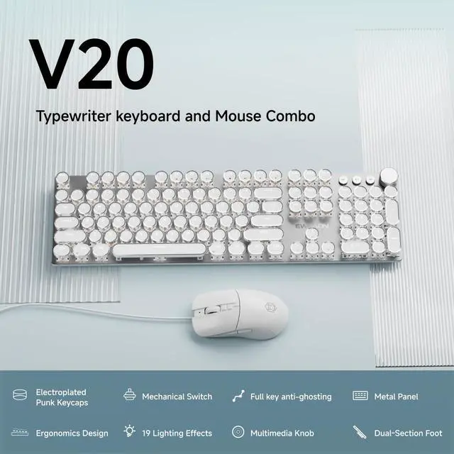 Alt view image 2 of 6 - Wired Typewriter Keyboard and Mouse Combo, Typewriter Style Mechanical Keyboard,104 Keys Backlit LED Keyboards, Media Control Knob, Wired Keyboard White Switch for Windows/PC-White