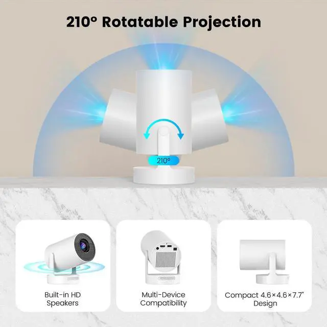 Alt view image 6 of 7 - Mini Projector with WiFi and Bluetooth, Smart Portable Projector with 4K Support, 5w Sound Base Speaker, 260 ANSI, 210° Rotation, Auto Keystone Correction for Home Bedroom Outdoor, HY300 Plus