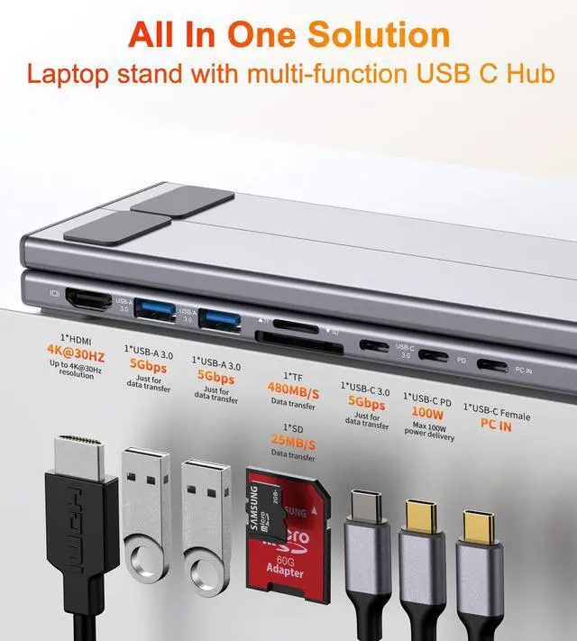 Alt view image 2 of 7 - USB C Laptop Docking Station Stand, USB C Dock Tablet Stand, 8 in 1 USB C Hub with 4K HDMI, 2 USB 3.0, PD 100W, Universal Dock Station for MacBook Pro/Air/Dell/HP/Surface/Lenovo, Plug and Play