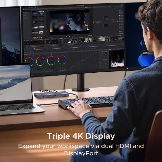 Alt view image 3 of 7 - 12 in 1 Triple 4K Docking Station with 2 HDMI, DP, 2x10G USB C, 2×USB-A2.0, 100W PD, SD/TF, 1000Mbps Ethernet, 3.5MM Audio, Revodok Pro USBC Hub Multiple Adapter for MacBook, DELL, HP and More