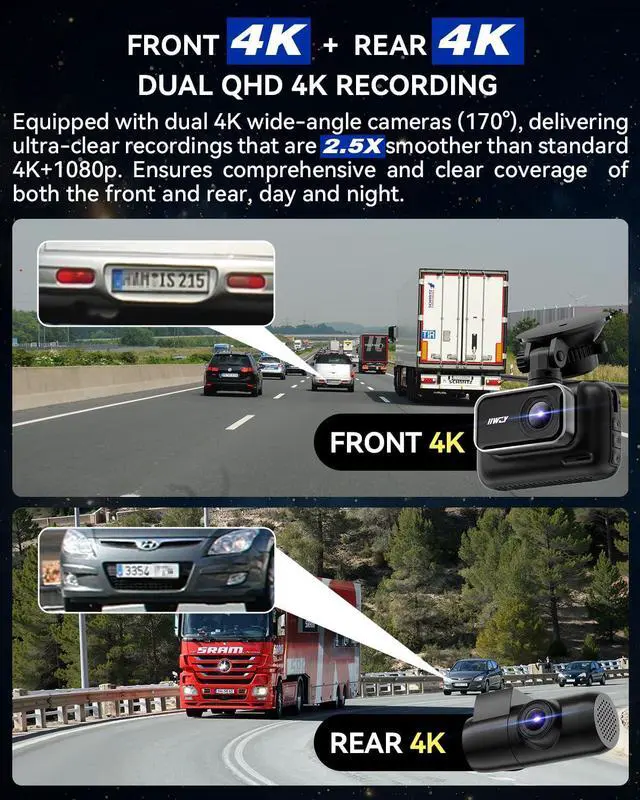 Alt view image 2 of 7 - 4K+4K Dash Cam Front and Rear, 5G Wi-Fi 64GB SD Card Included, STARVIS Dash Camera for Cars, 3 Inch IPS Screen, Dual Channel HDR Night Vision, 24H Parking Mode, 170° Widude Angle, G-Sensor