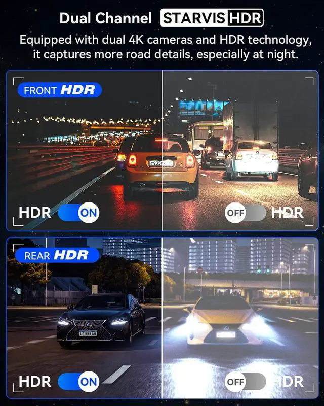 Alt view image 4 of 7 - 4K+4K Dash Cam Front and Rear, 5G Wi-Fi 64GB SD Card Included, STARVIS Dash Camera for Cars, 3 Inch IPS Screen, Dual Channel HDR Night Vision, 24H Parking Mode, 170° Widude Angle, G-Sensor