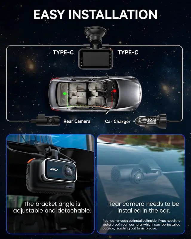 Alt view image 7 of 7 - 4K+4K Dash Cam Front and Rear, 5G Wi-Fi 64GB SD Card Included, STARVIS Dash Camera for Cars, 3 Inch IPS Screen, Dual Channel HDR Night Vision, 24H Parking Mode, 170° Widude Angle, G-Sensor