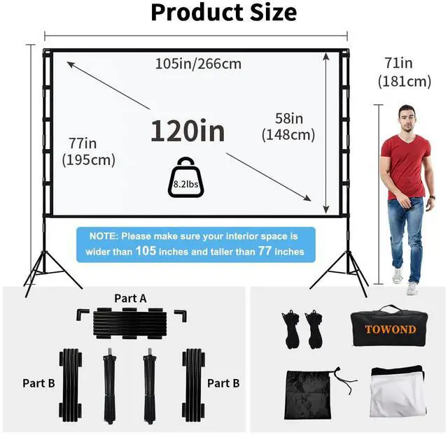 Alt view image 2 of 6 - Projector Screen and Stand,  120 inch Portable Projector Screen Indoor Outdoor Movie Screen 16:9 4K HD Wrinkle-Free Lightweight Projection Screen with Carry Bag for Backyard Movie Night