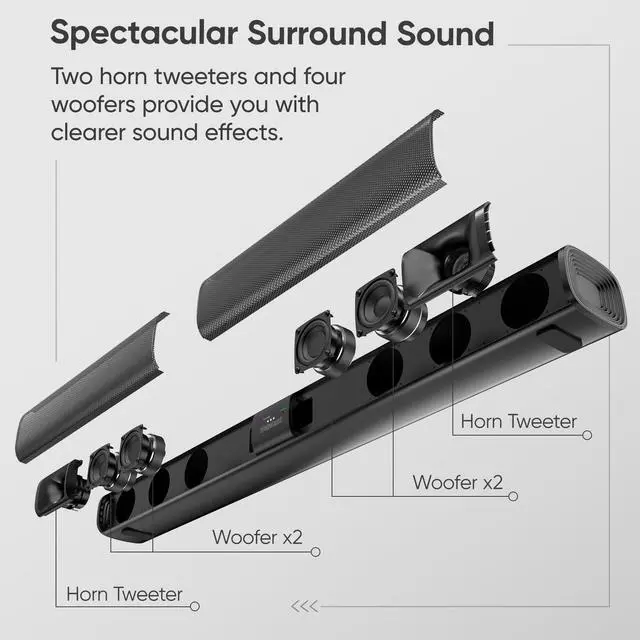 Alt view image 2 of 7 - Sound Bar for Smart TV, 80W Soundbar with Four Woofers, Dual Horn Tweeters, 2.0 Channel TV Speaker, 2 in 1 Detachable Design, BT/ARC/AUX/Optical Connection, Surround Sound System for TV