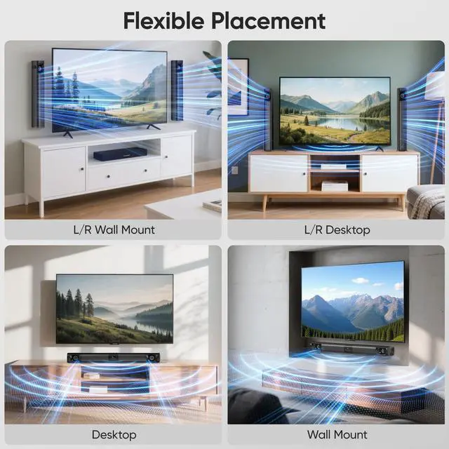 Alt view image 6 of 7 - Sound Bar for Smart TV, 80W Soundbar with Four Woofers, Dual Horn Tweeters, 2.0 Channel TV Speaker, 2 in 1 Detachable Design, BT/ARC/AUX/Optical Connection, Surround Sound System for TV