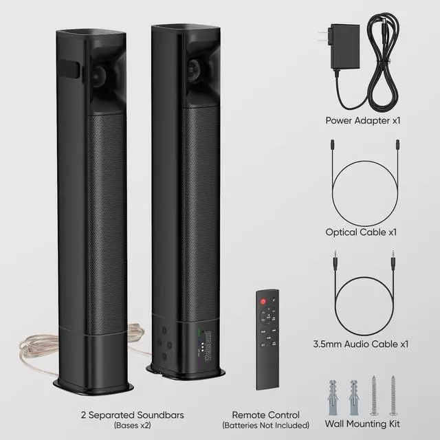 Alt view image 7 of 7 - Sound Bar for Smart TV, 80W Soundbar with Four Woofers, Dual Horn Tweeters, 2.0 Channel TV Speaker, 2 in 1 Detachable Design, BT/ARC/AUX/Optical Connection, Surround Sound System for TV