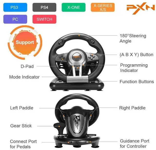 Alt view image 3 of 6 - PC Racing Wheel, V3 PRO 180 Degree Universal USB Car Sim Game Steering Wheel with Pedals for Xbox One, Xbox Series S/X, PS3, PS4, Switch
