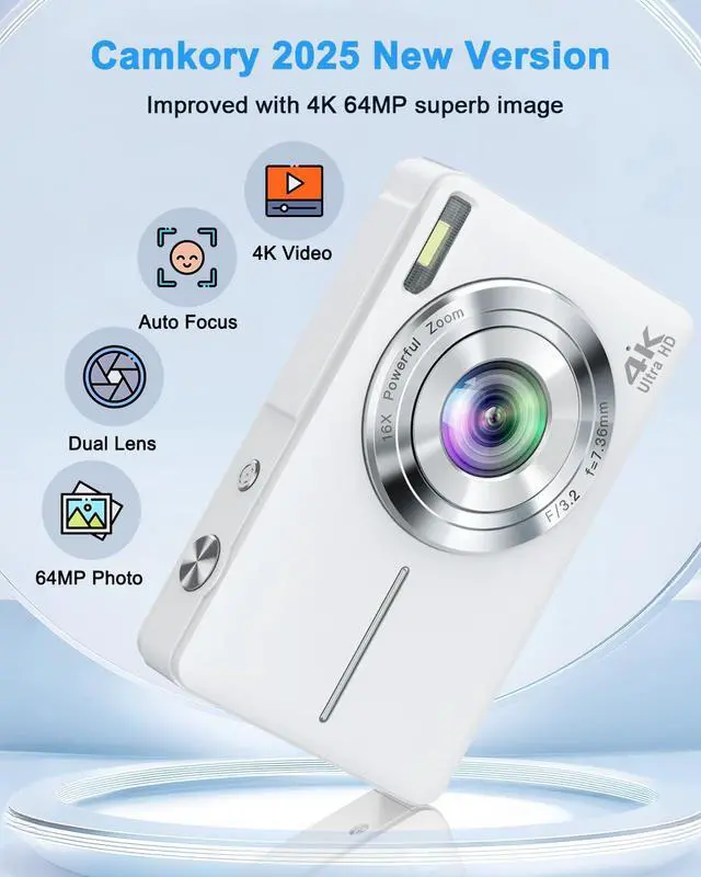 Alt view image 2 of 7 - Digital Camera, 4K 64MP Cameras for Photography, Point and Shoot Digital Camera with Auto Focus, Dual Camera, Flash, 16X Zoom, Anti Shake, 32GB Card, Compact Vlogging Camera for Teens, Adults