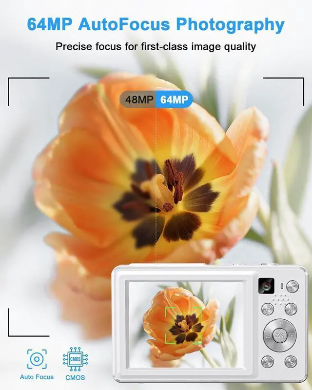 Alt view image 3 of 7 - Digital Camera, 4K 64MP Cameras for Photography, Point and Shoot Digital Camera with Auto Focus, Dual Camera, Flash, 16X Zoom, Anti Shake, 32GB Card, Compact Vlogging Camera for Teens, Adults