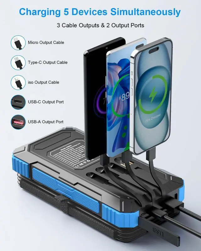 Alt view image 2 of 7 - Solar Charger Power Bank 49800mAh with 4 Built-in Cables & 3 Foldable Panels, PD22.5W Fast Portable Phone Charger, External Battery Pack with USB-C in/Output & Flashlight for Outdoor Camping