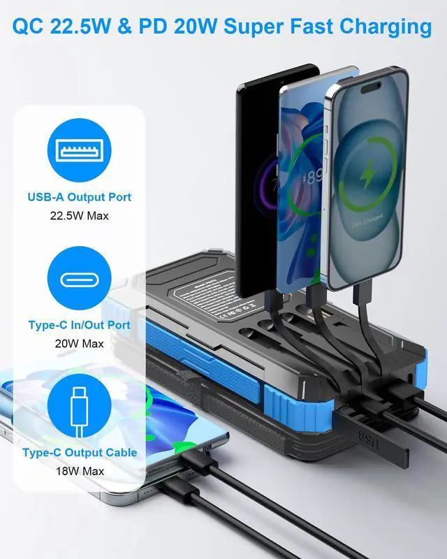 Alt view image 3 of 7 - Solar Charger Power Bank 49800mAh with 4 Built-in Cables & 3 Foldable Panels, PD22.5W Fast Portable Phone Charger, External Battery Pack with USB-C in/Output & Flashlight for Outdoor Camping