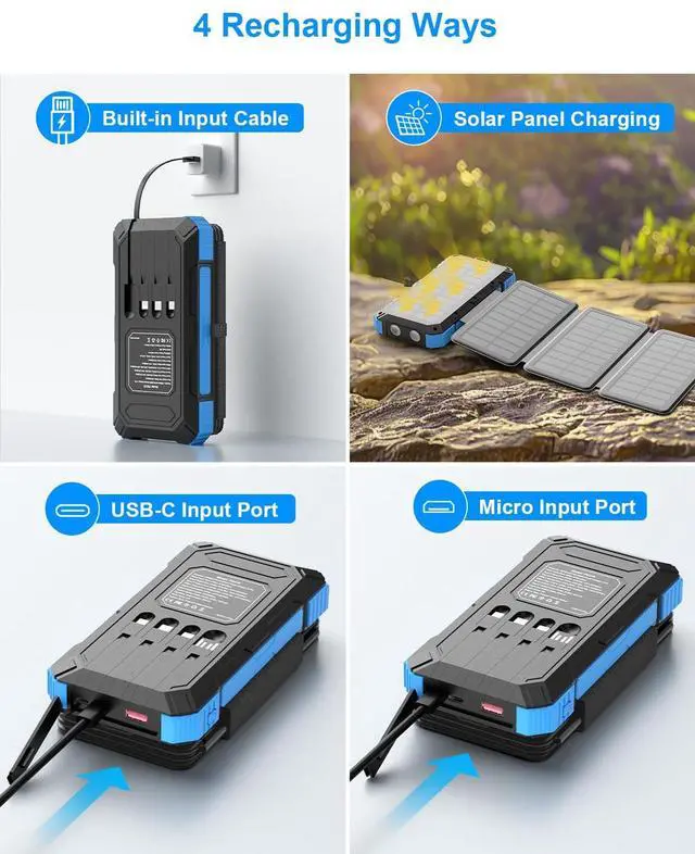 Alt view image 4 of 7 - Solar Charger Power Bank 49800mAh with 4 Built-in Cables & 3 Foldable Panels, PD22.5W Fast Portable Phone Charger, External Battery Pack with USB-C in/Output & Flashlight for Outdoor Camping