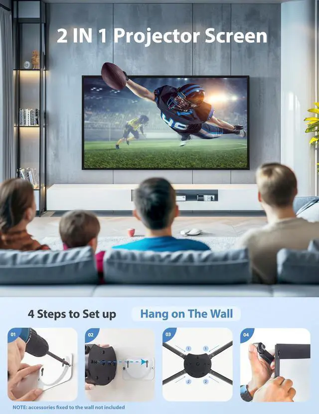 Alt view image 6 of 7 - Projector Screen with Stand, 100-inch Outdoor Indoor Projector Screen 16:9 4K HD PVC, 1.5 Gain Portable Wrinkle-Free Movie Screen for Home Backyard Theater with Carry Bag, Ground Nails