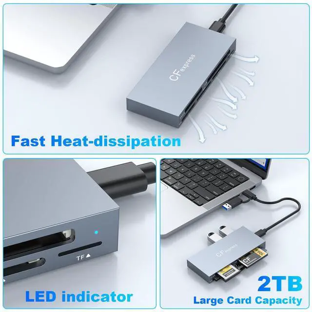 Alt view image 6 of 6 - 8 in 1 CFexpress Type B Card Reader, 10Gbps Multi CF Express Reader for CFexpress Type B/CF/XD/MS/TF/SD Reader, CFexpress Adapter Memory Card Reader with USB Gen 3.2 * 2 for Windows/Mac/Linux/Android