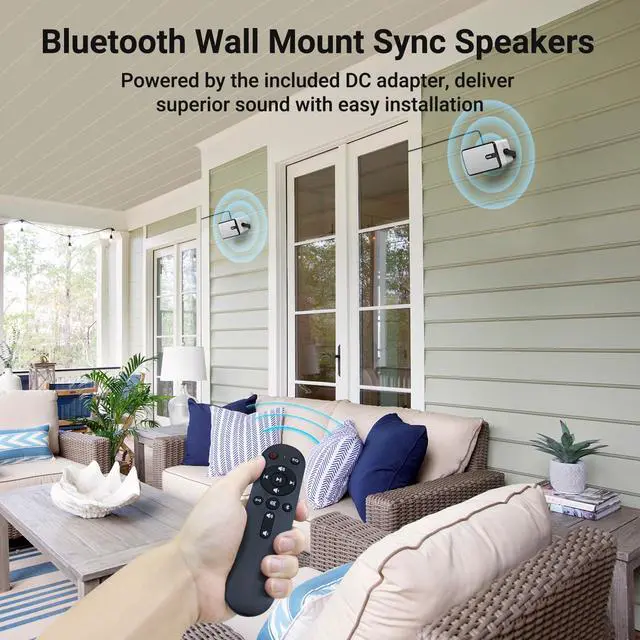 Alt view image 2 of 6 - Upgraded Bluetooth Outdoor Speakers, IPX5 Waterproof Wall Mount Speaker, Powerful Bass, Wireless Sync Up to 100 Speakers, Indoor/Outdoor Sound System for Patio/Porch/Gazebo/Garage(MZ-632, 2 PCS)