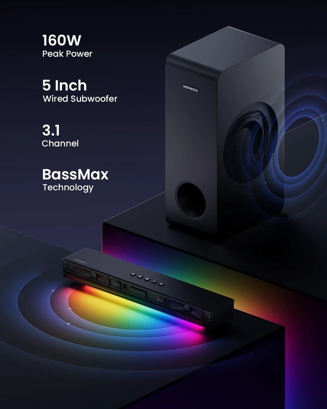 Alt view image 3 of 6 - Desktop PC Soundbar with Subwoofer: 15.9" Low-Profile RGB 160W Peak Shorter Than a Standard Keyboard & 1.6" High (Half a Phone's Width) for PC Gaming; 5" Sub Boosts Bass + ARC/Opt/AUX/BT5.3/USB
