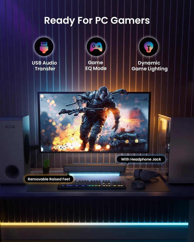 Alt view image 5 of 6 - Desktop PC Soundbar with Subwoofer: 15.9" Low-Profile RGB 160W Peak Shorter Than a Standard Keyboard & 1.6" High (Half a Phone's Width) for PC Gaming; 5" Sub Boosts Bass + ARC/Opt/AUX/BT5.3/USB