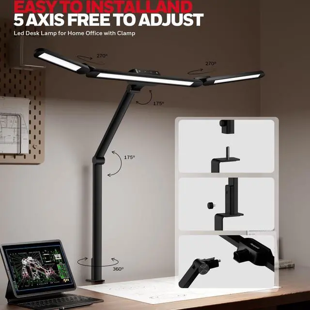 Alt view image 6 of 7 - HJ3 LED Architect Task Lamp with Clamp, 22W Bright Desk Light with Eye-Caring 4 Color Modes and Stepless Dimming, Adjustable Arm Clip On Light for Home Office, Computer, Workbench and Study