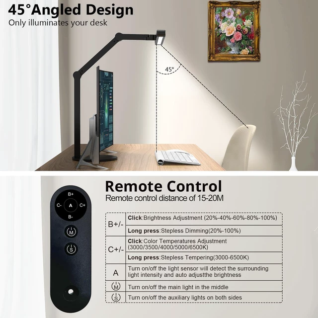 Alt view image 4 of 6 - Architect Desk Lamp with Remote Control, Adjustable Led Desk Light for Home Office with Base, 24W Bright Auto Dimming Table Light Rotatable Office Lamp with Swing Arm for Computer Cafting