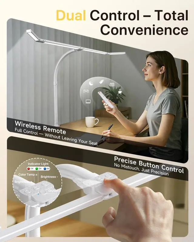 Alt view image 3 of 7 - 42" LED Desk Lamp with Clamp, Architect Desk Light with Remote, Adjustable 4-Segment Bar, 1800LM Bright, Eye-Caring Desk Lamp for Home Office, Reading, Study, Dual Monitors, Workbench (White)