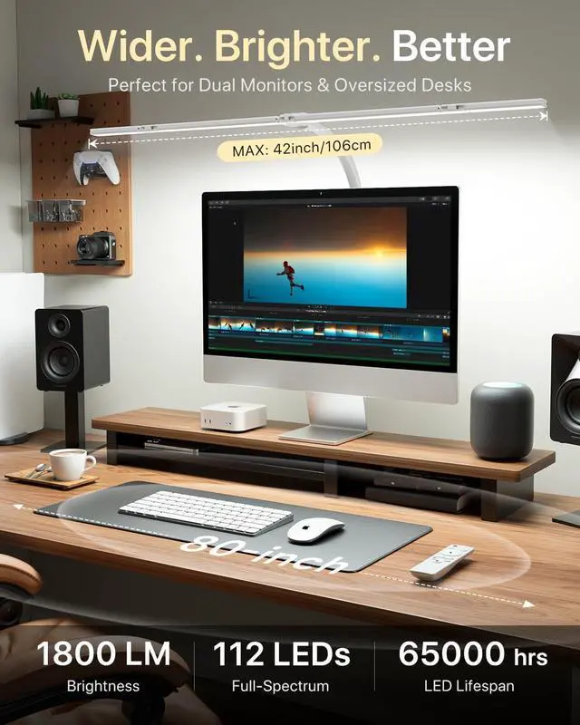 Alt view image 4 of 7 - 42" LED Desk Lamp with Clamp, Architect Desk Light with Remote, Adjustable 4-Segment Bar, 1800LM Bright, Eye-Caring Desk Lamp for Home Office, Reading, Study, Dual Monitors, Workbench (White)